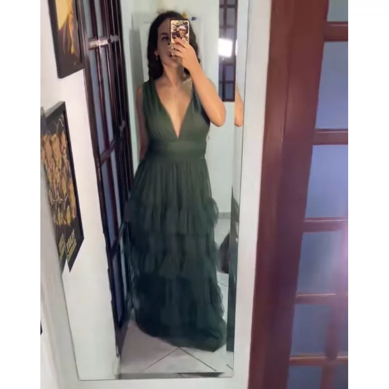 vestido de festa longo madrinha formatura casamento convidada debutante elegante tule verde oliva