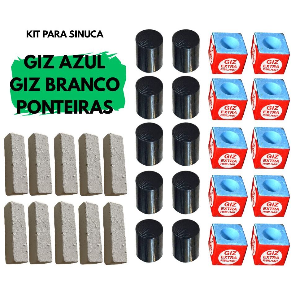 Kit Para Taco de Sinuca Bilhar 10 Ponteiras Virola Rista + 10 Giz Azul 7 Belo Comum Bar + 10 Giz Bra