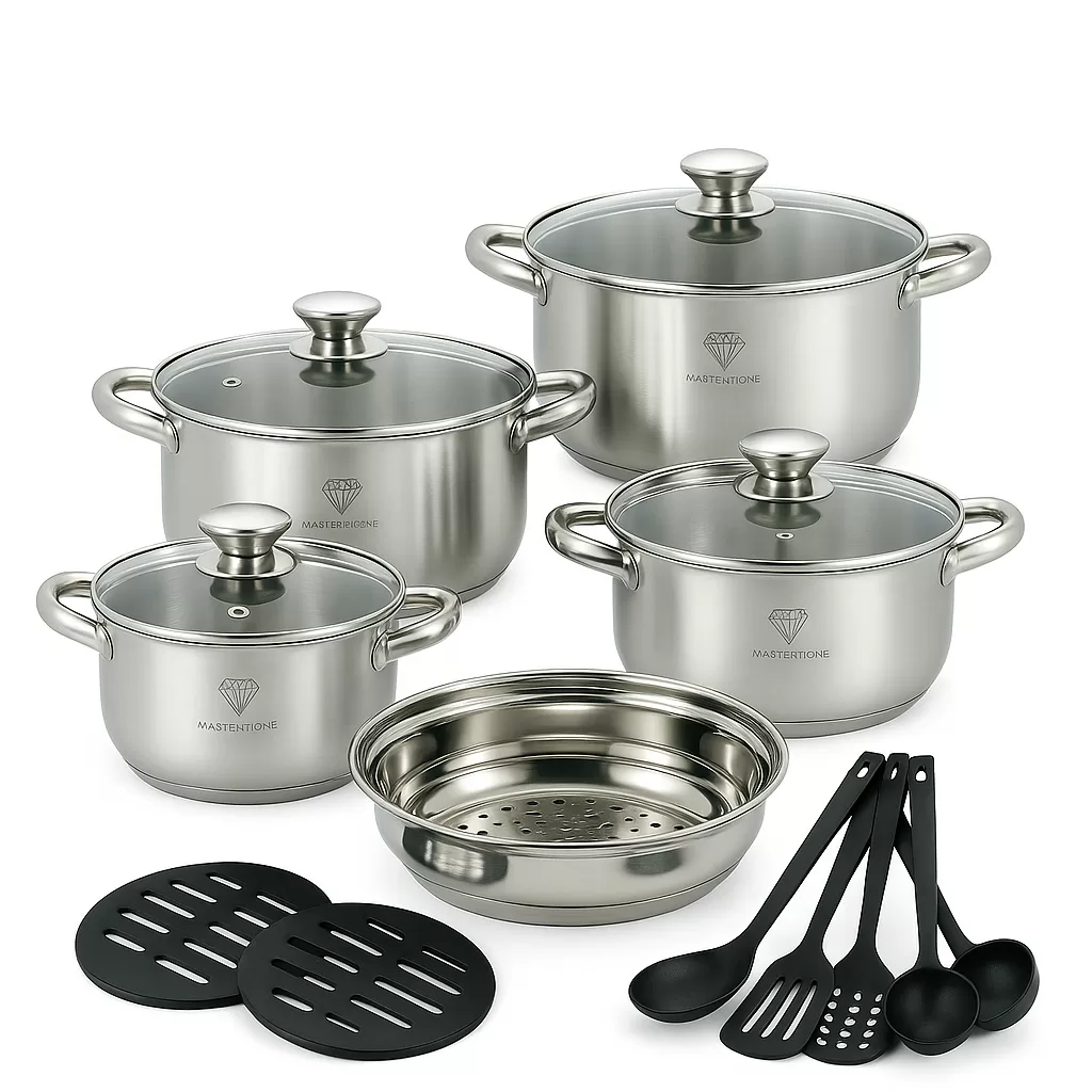 Jogo de Panelas 19 Peças Aço Inox Genebra + Acessórios com Fundo 9 Camadas para Indução ou Gás