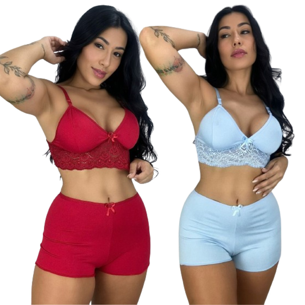 Kit 2 Baby Doll Para Dormir Confortável Renda Short Doll Pijama Linha Noite Cropped De Renda