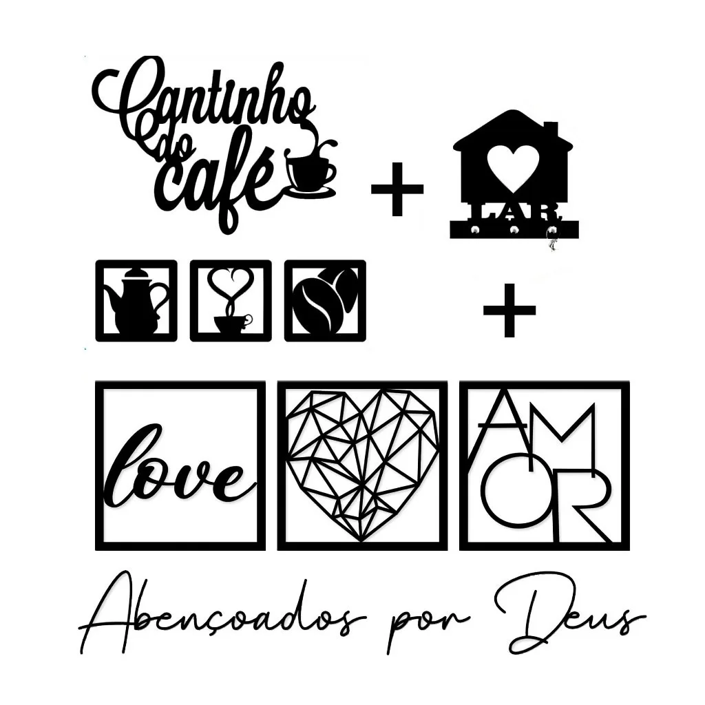 Kit 6 Placas Decorativas + 2 Letreiros Cantinho do Café e Abençoados Por Deus + Porta Chaves Lar Mdf