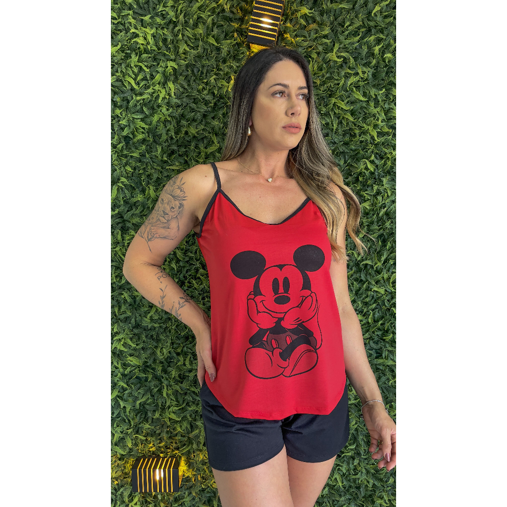 Pijama Feminino Adulto Alça Mickey Vermelho Curto De Verão