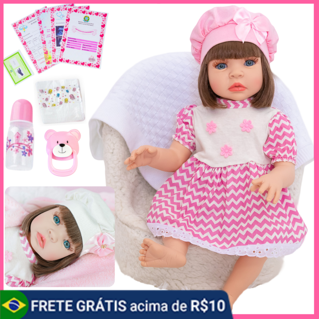 Bebê Reborn Luxo Realista de Silicone Pode Dar Banho Envio Imediato Vestido Rosa