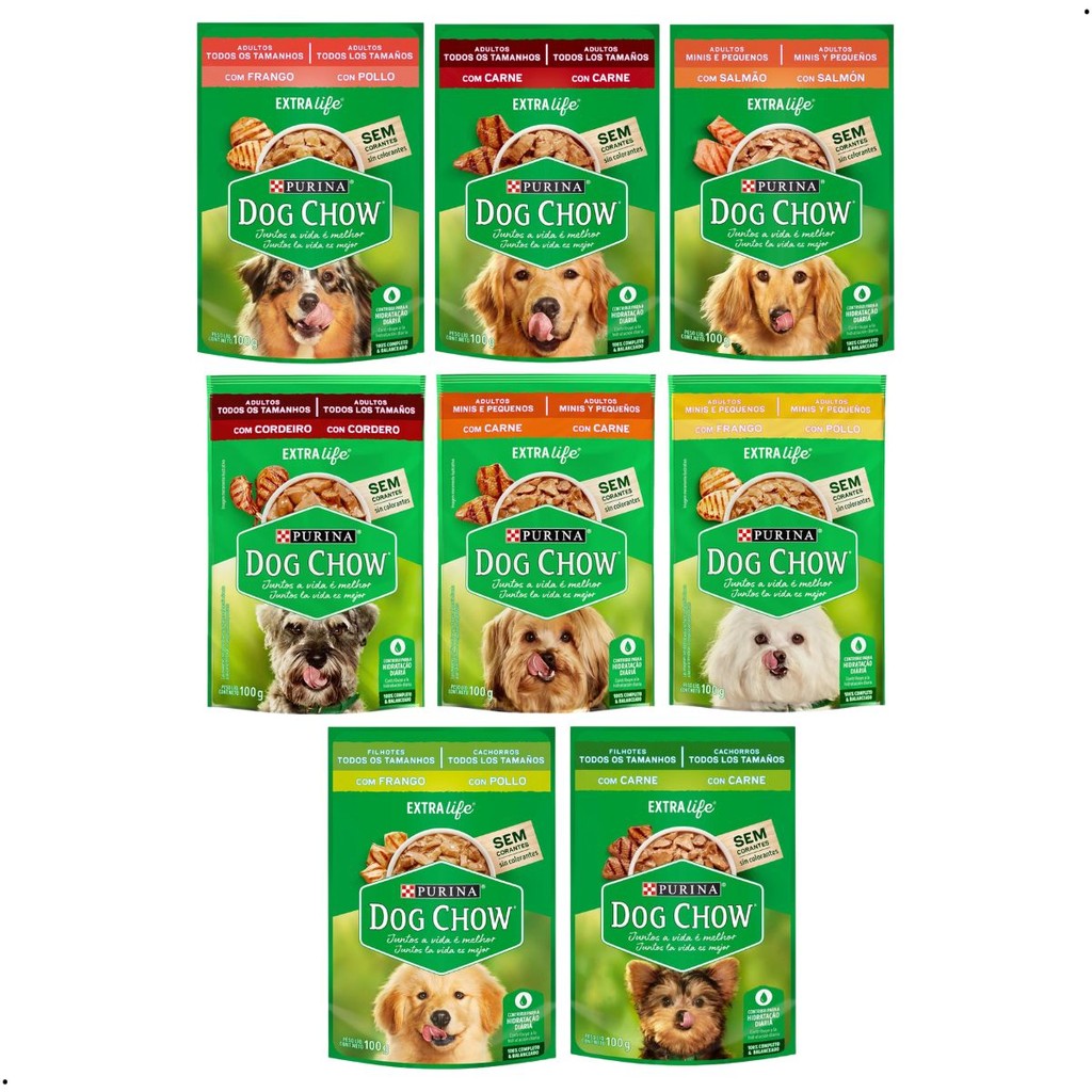 Kit 15 Sachês Dog Chow 100g Alimento Úmido Cães Adultos Filhotes Frango Cordeiro Carne Salmão