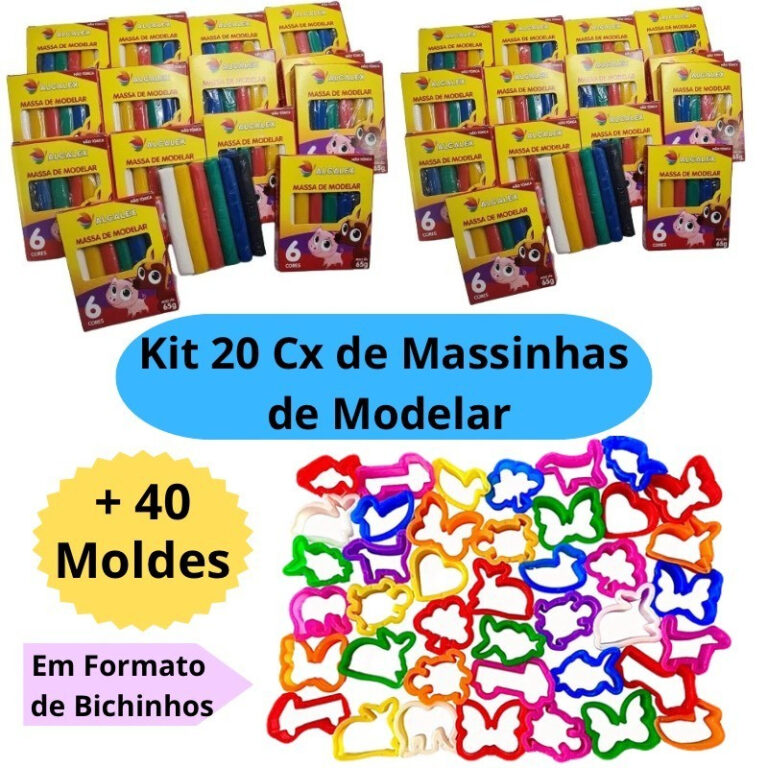 Kit 20 Cx Massinha de Modelar + 40 Molde Cortador 