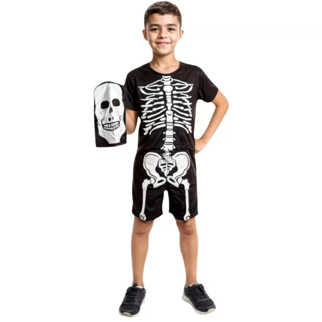 Fantasia Esqueleto de Halloween + Máscara Preta Com Touca Dia das Bruxas Caveira Festa Cosplay