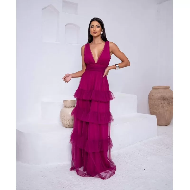 vestido de festa longo madrinha formatura casamento convidada debutante elegante tule fuscia