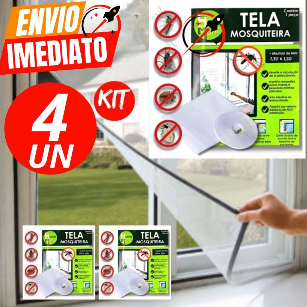 Kit Com 4 Tela Mosquiteiro 1,50 X 1,30 Anti Insetos Mosquitos Dengue Pernilongos Velcro Prático Casa