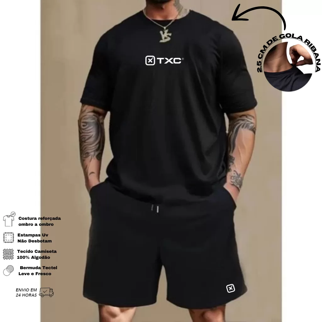 Conjunto Kit Camiseta 100% algodão E Bermuda Tectel Estampado Camisa Masculina Premium Camiseta Shor