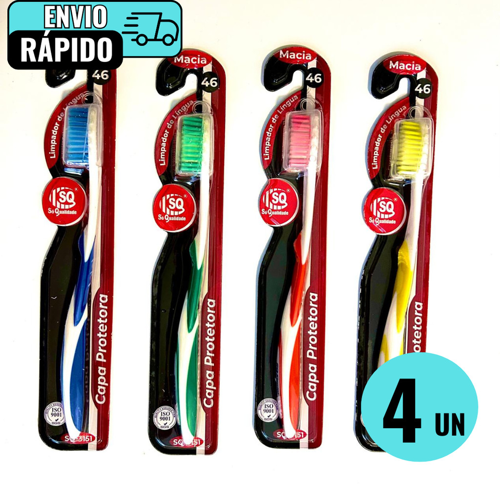 Kit 4 Escovas De Dentes Com Limpador De Linguas 46 Cerdas Super Macia Capa Protetora Alta Qualidade