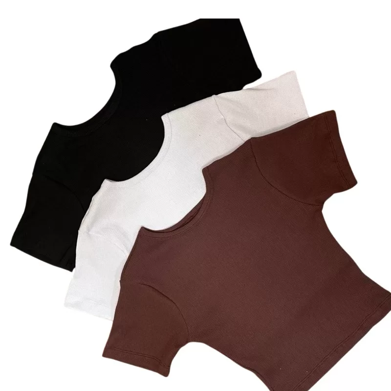 KIT 3 Cropped Canelado Manga Curta Básico Casual