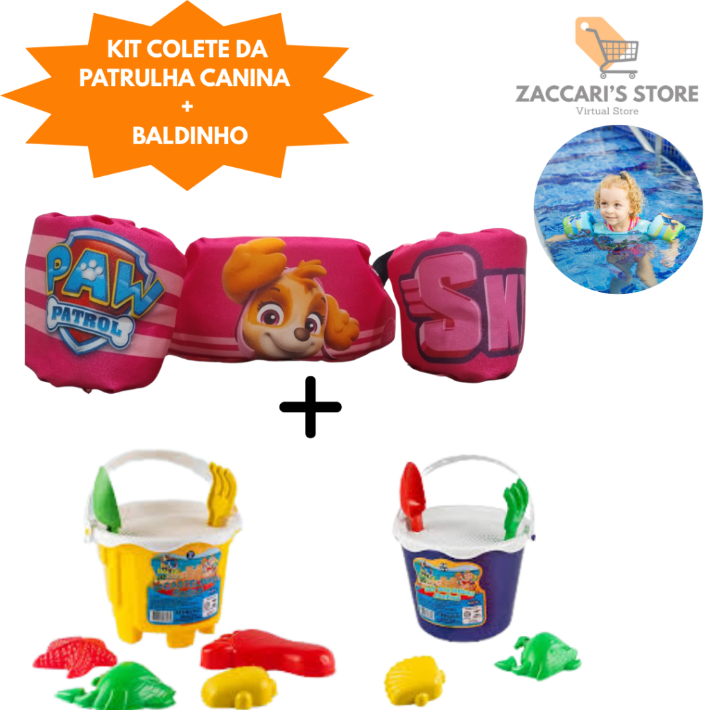 Kit Colete Da Patrulha Canina + Baldinho Praia Ou Piscina