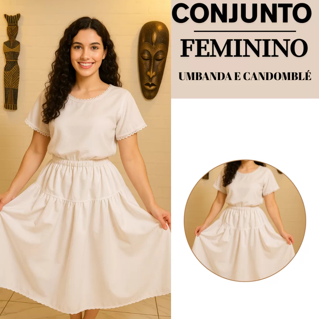 Roupa de Umbanda Feminina 2 Pç Conjunto Candomblé Feminina Oxford Com Renda Premium Do P Ao EGG