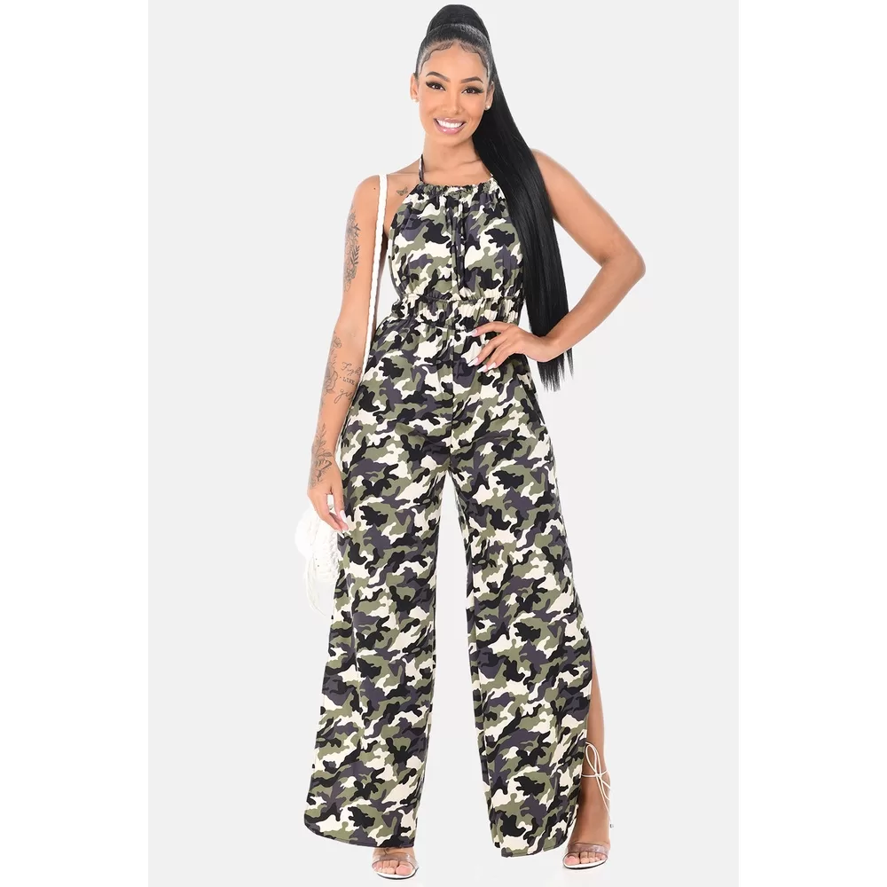 Macacão Longo Social Feminino Abertura Lateral Camuflado Militar Costas Nuas Cintura Alta