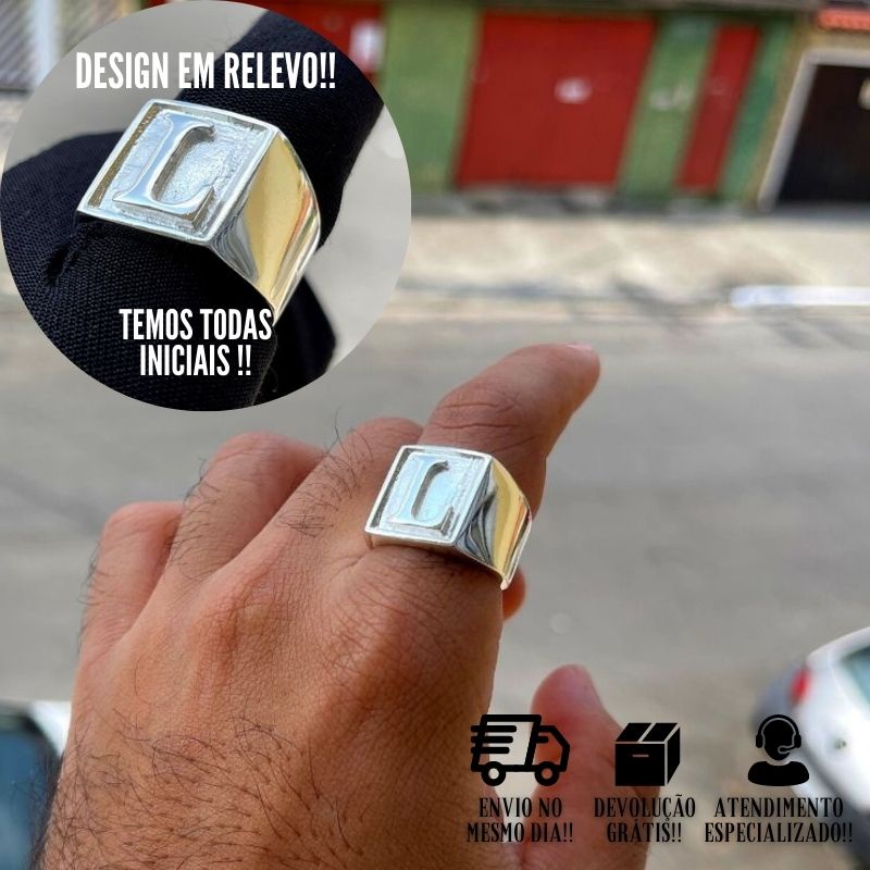 Anel Masculino de Prata 925 Dedeira com Letra L em Relevo Banhado