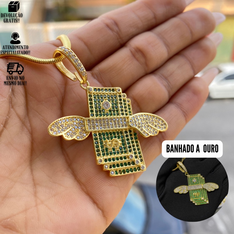 Pingente De Ouro 24k Dólar de Asas Cravejado Masculino Moderno Banhado