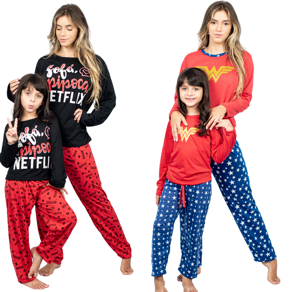 2 Pijamas Inverno Longo Mãe E Filha Estampado Mulher Maravilha Netflix/ Tal mãe Tal Filha