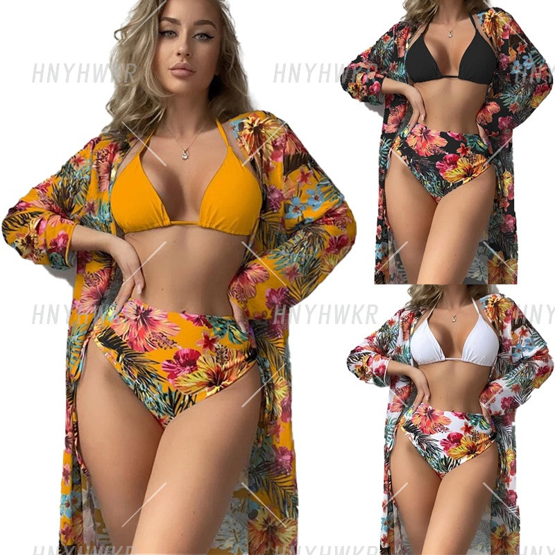 2025 Printed bikini three-piece for women/Sexy Bikini swimsuit/UV protection beach smock