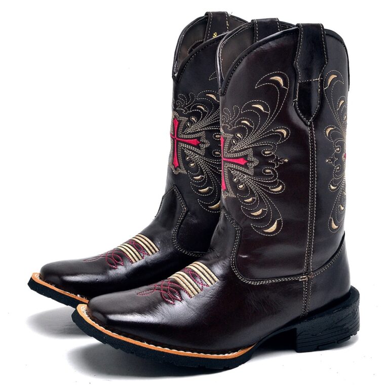 Bota Texana Bordada Feminina Café Com Cruz Rosa