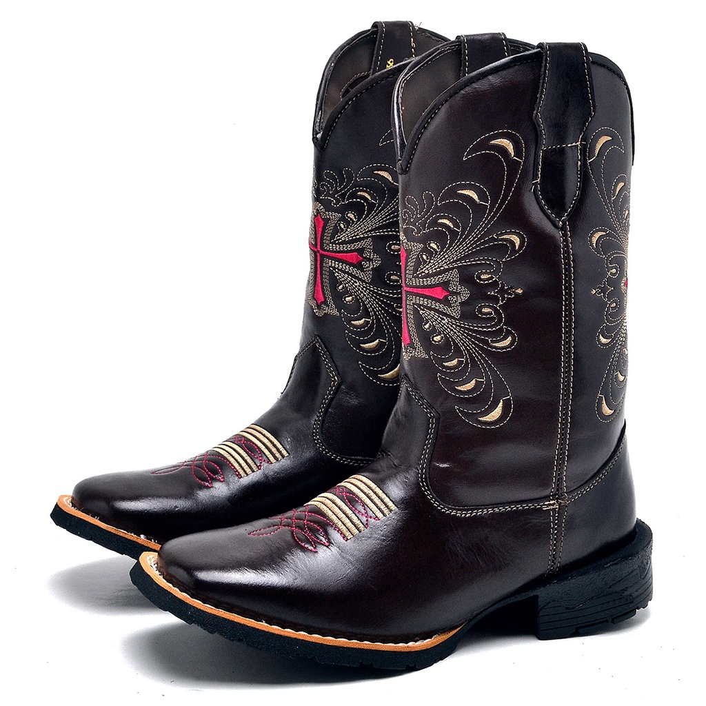 Bota Texana Bordada Feminina Café Com Cruz Rosa