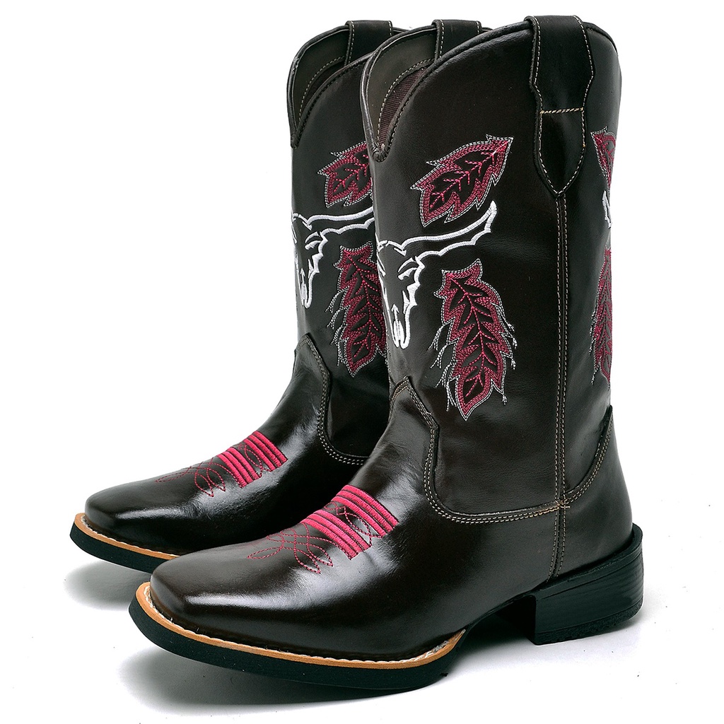 Bota Texana Feminina Café Com Bordado De Touro Rosa