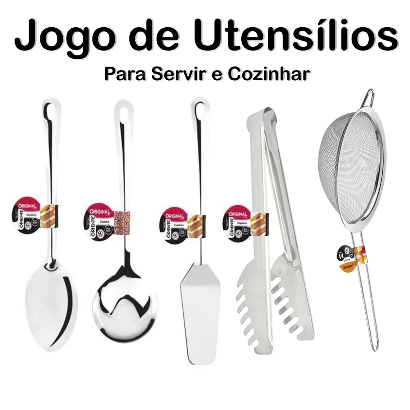 Kit Utensilios Para Cozinha 5 Pecas – Jogo Utensílios para Servir e Cozinhar em Inox 5 peças – Conju