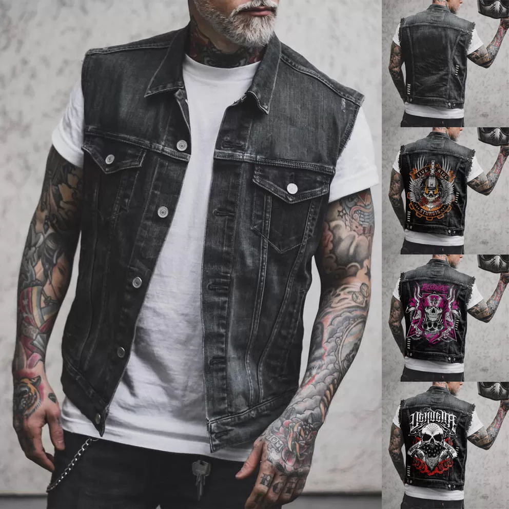 Colete Jeans Masculino Destroyed Sem Mangas Steampunk Estampado Casaco Plus Size
