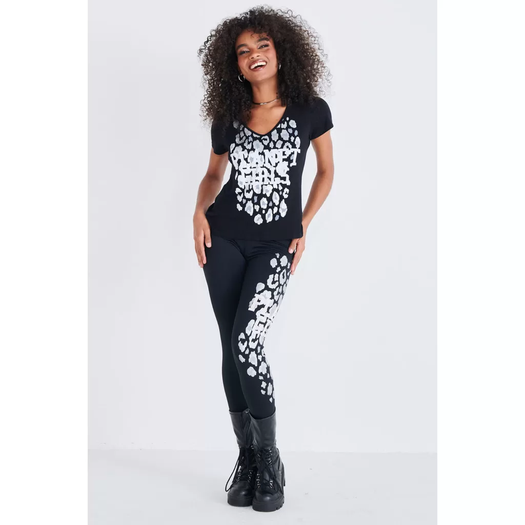 Calça Legging Estampada Planet Girls Preto