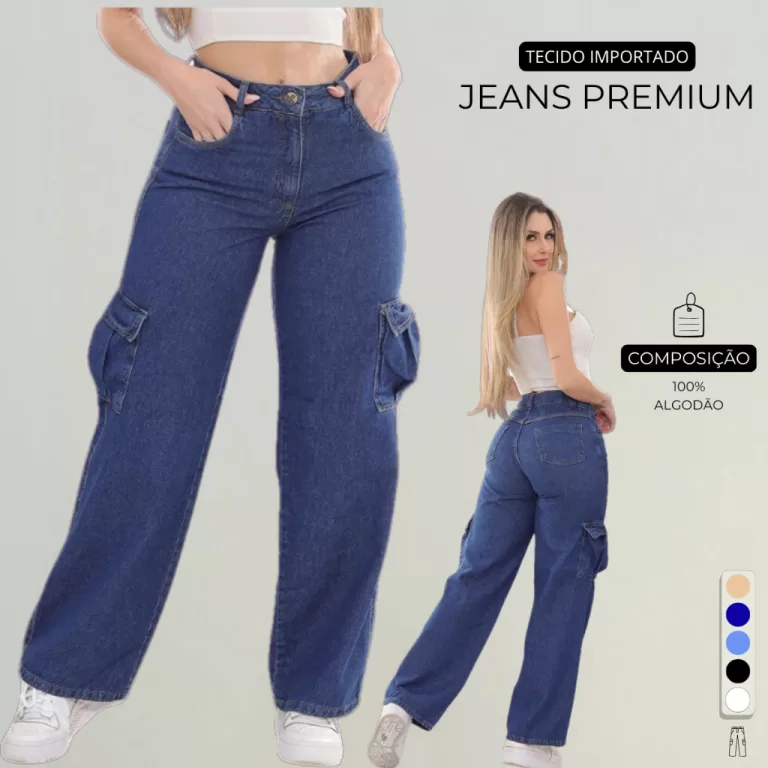 Calça Jeans Feminino Wide Leg Cargo Pantalona Boc