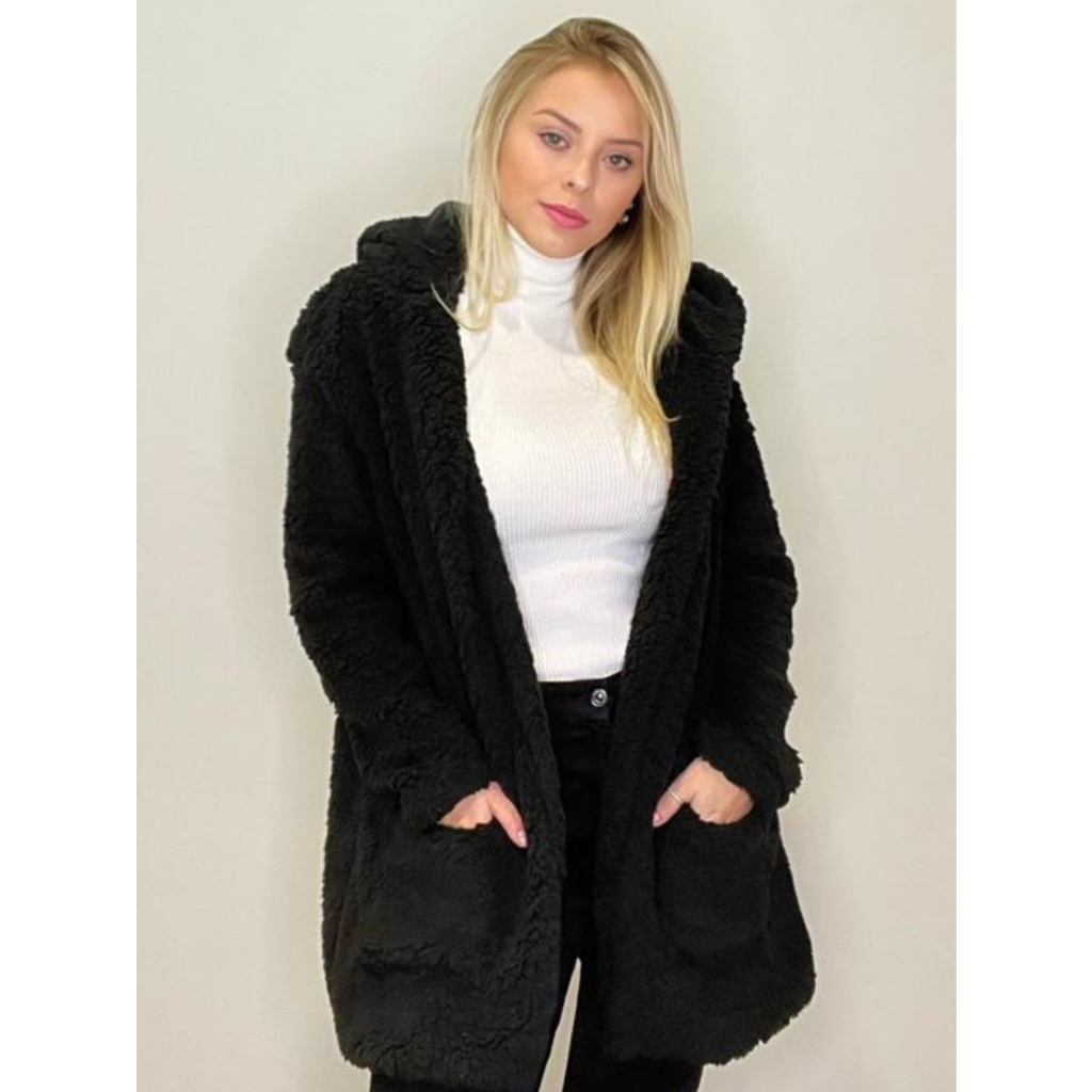 Casaco Teddy Feminino Preto Branco Off Blusa de frio Feminina Pelúcia Jaqueta Ted Inverno Casaco de