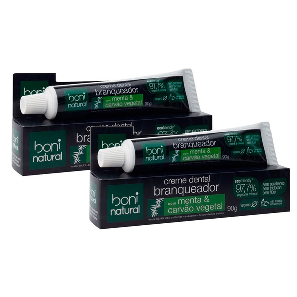 Kit 2 Creme Dental Boni Natural Branqueador Carvão Vegetal Sem Flúor 90g