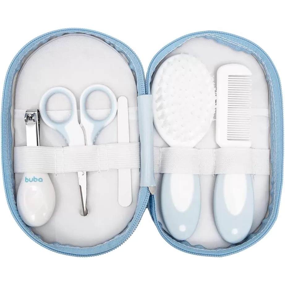 Kit Cuidados Do Bebê Buba com Estojo Azul Manicure Tesoura Lixa Pente E Cortador