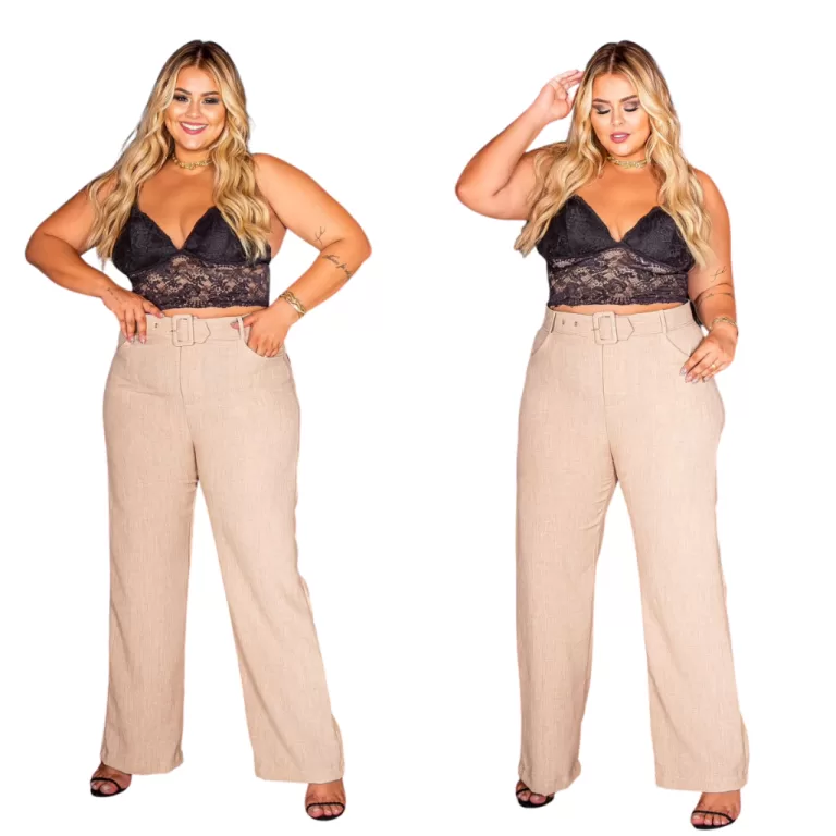 Calça Pantalona  Feminina  Plus Size Linho com ci