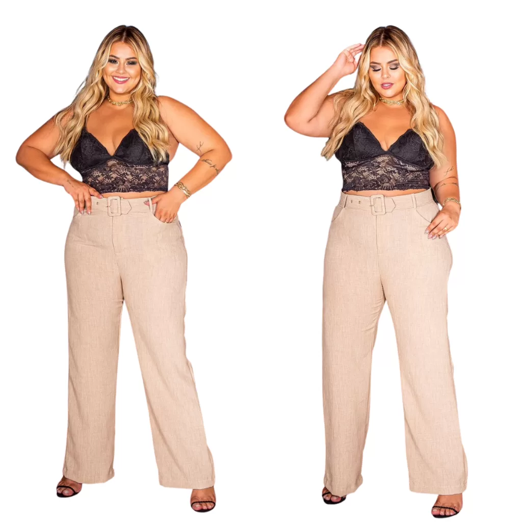 Calça Pantalona  Feminina  Plus Size Linho com cinto Bolso Corte Alfaiataria Moda Tendência G1