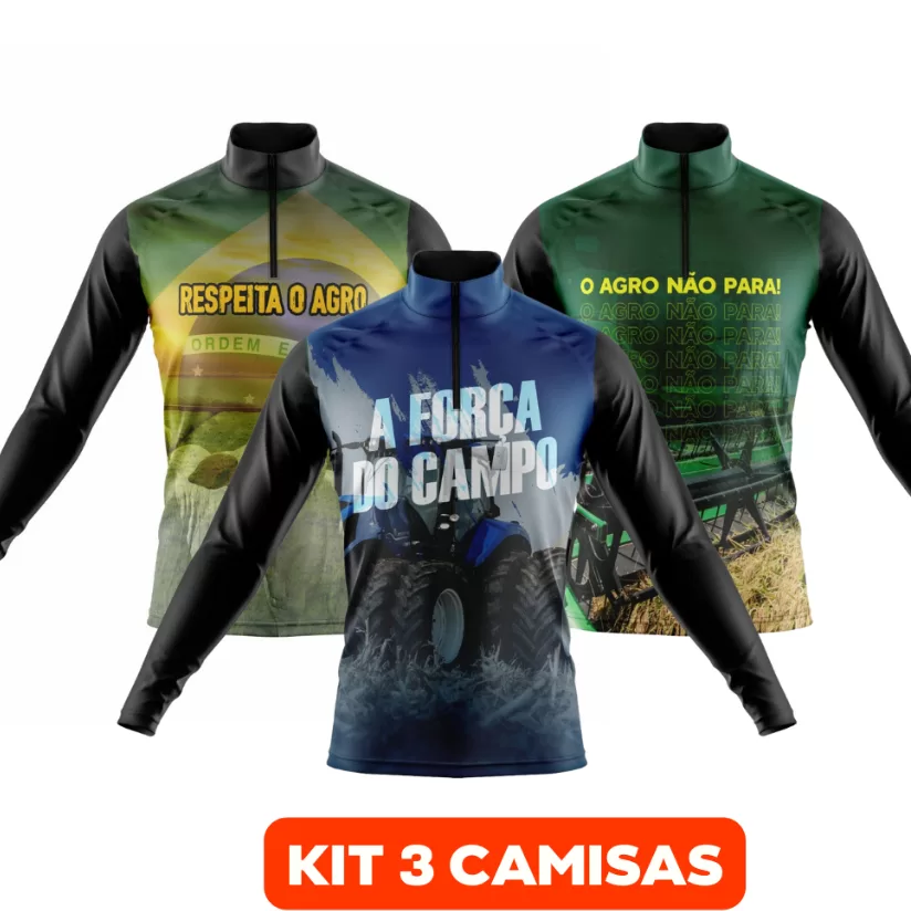 Kit 3 Camisas Masculina Agropecuária Proteção UV Manga Longa Agro Cowboy