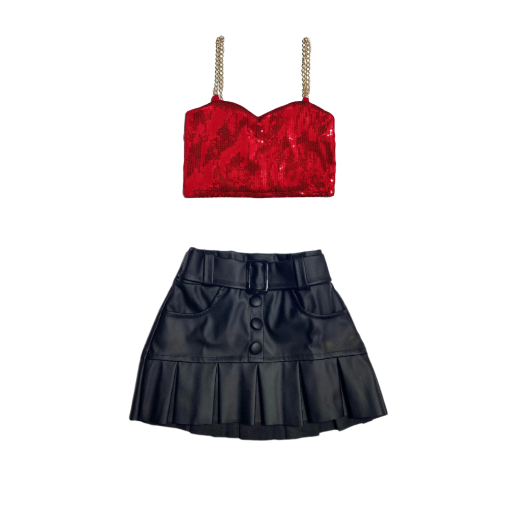 Conjunto Infantil Top Paitê De Brilho + Saia Cirrê De Botão Babado Moda Menina Diva Super Elegante