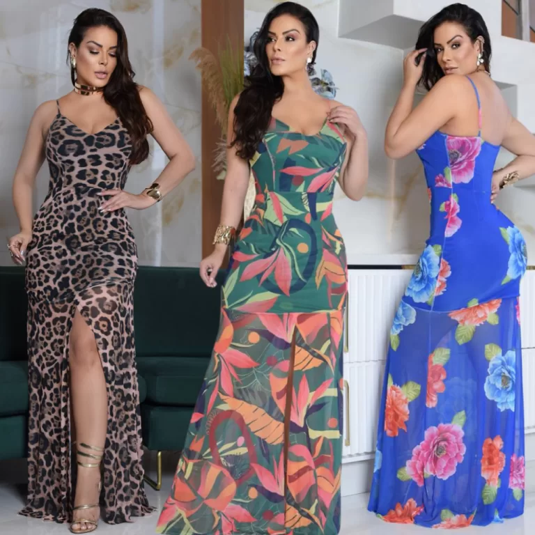 Vestido Floral Longo Feminino Tulê Fenda Com Bojo
