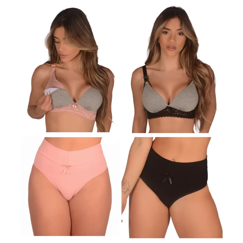Kit 2 Conjuntos (Sutiã de Amamentação com Bojo + Calcinha Pós Parto Cós Alto) – Algodão Maternidade
