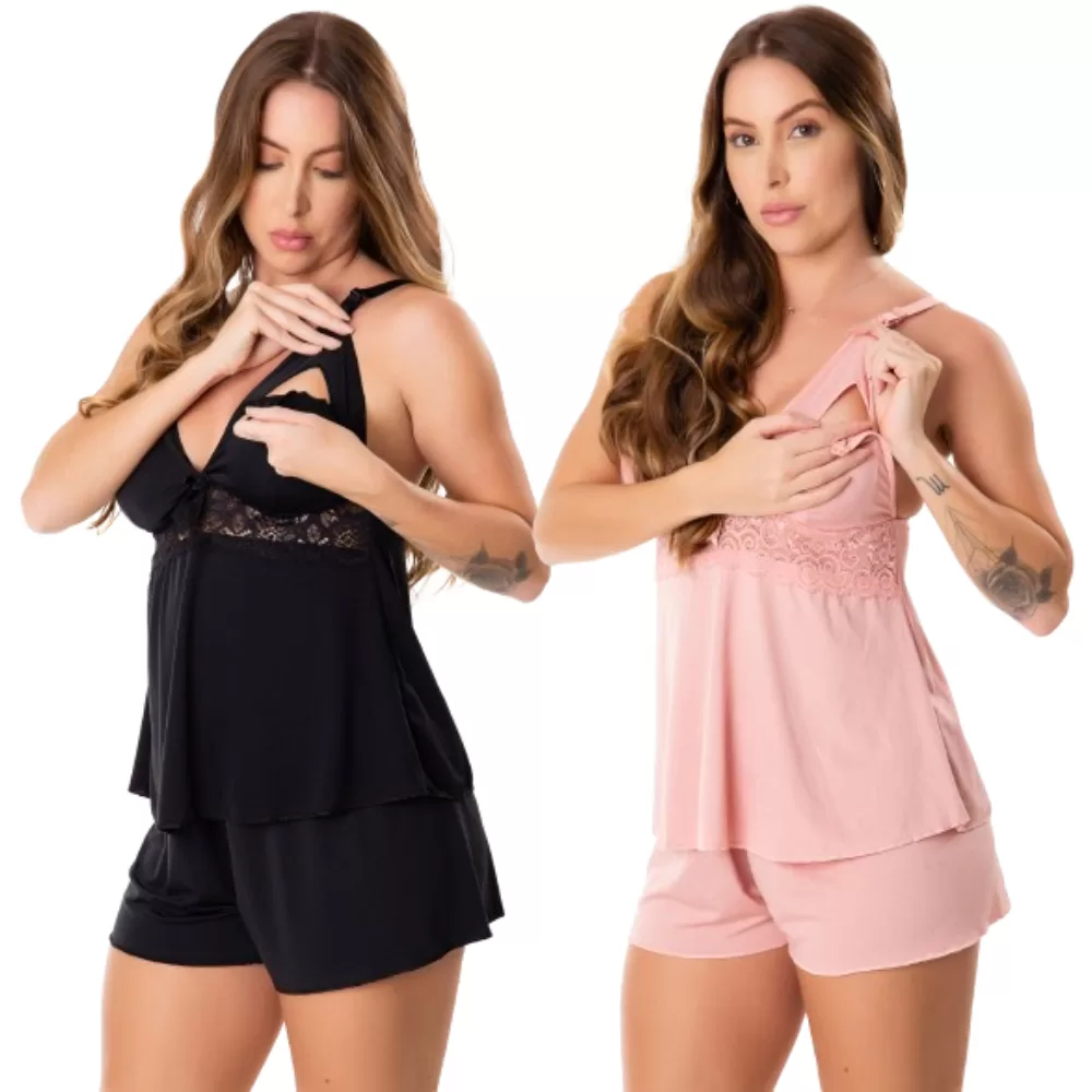 Kit 2 Baby Doll Amamentação Gestante Maternidade Pós Parto Short Para Dormir Abre Fácil Pijama