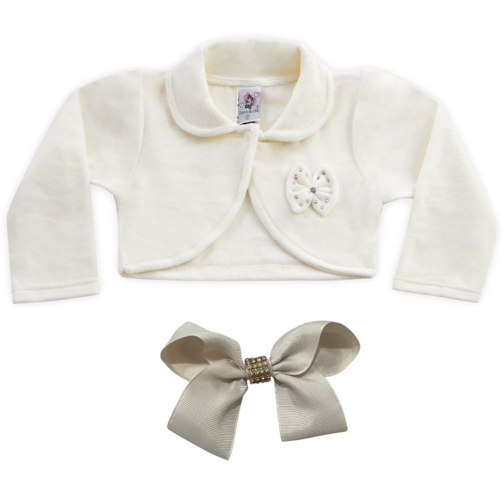 Bolero Casaco Casaquinho Infantil Com Laço Off White Bege Plush Menina Festa