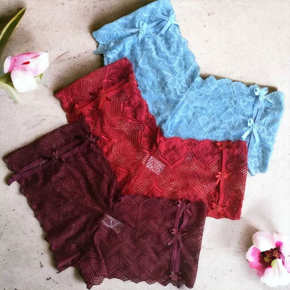 Kit 1 à 5 Calcinha em Renda Modelo Shortinho 6 Laços Lisa Confortável