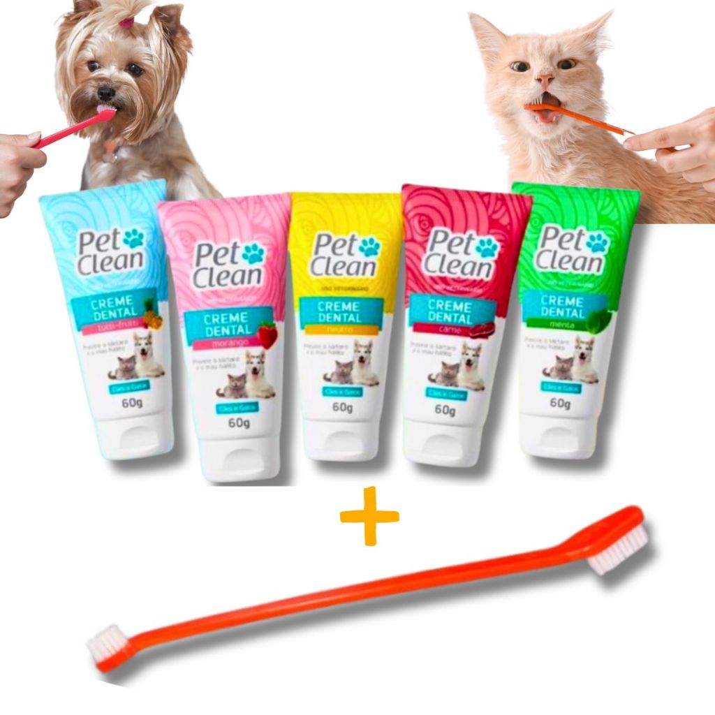Kit Escova de Dentes Dupla e Creme Dental Pet Clean para Cães Gatos Cachorro Previne Mau Hálito