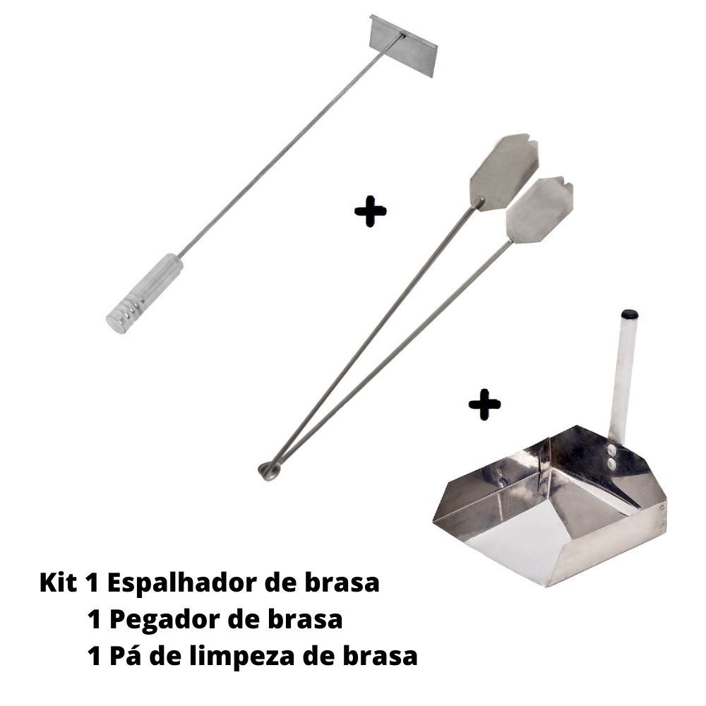 Kit Espalhador de Brasa + Pá de Limpeza + Pegador de Carvão Inox Qualidade Premium