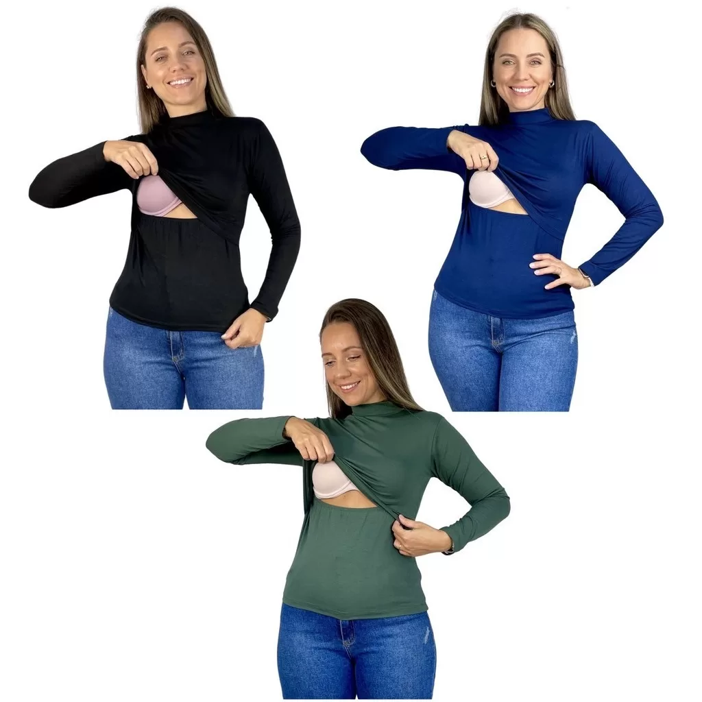 Kit 3 Blusa Amamentação Slim Gola Alta Cores Premium Gestante Amamentar Manga Longa