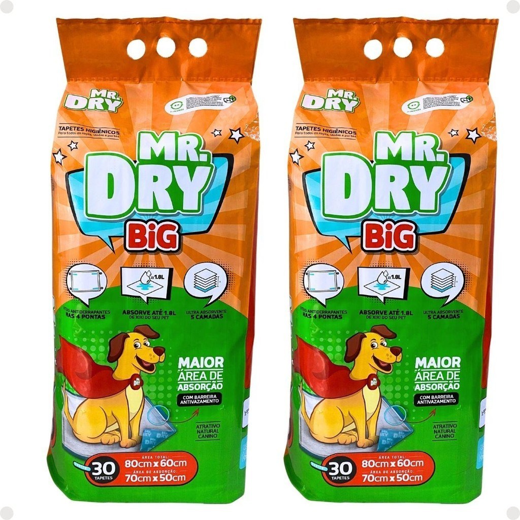 Kit Mr. Dry Big: 2 Tapetes Higiênicos 80x60cm Com 30 Unidades