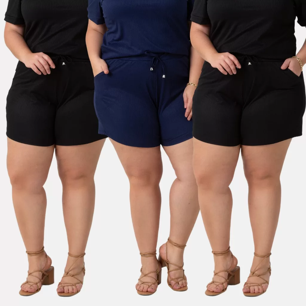 Kit 3 Shorts Feminino Plus Size Canelado Mary 1217-K3
