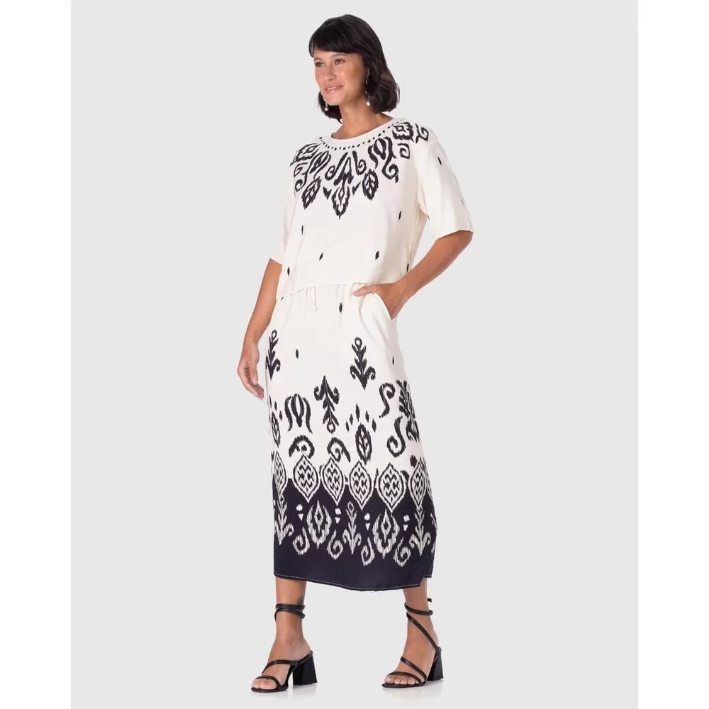 Saia Midi Feminina Estampada Bolso Lateral Em Viscose