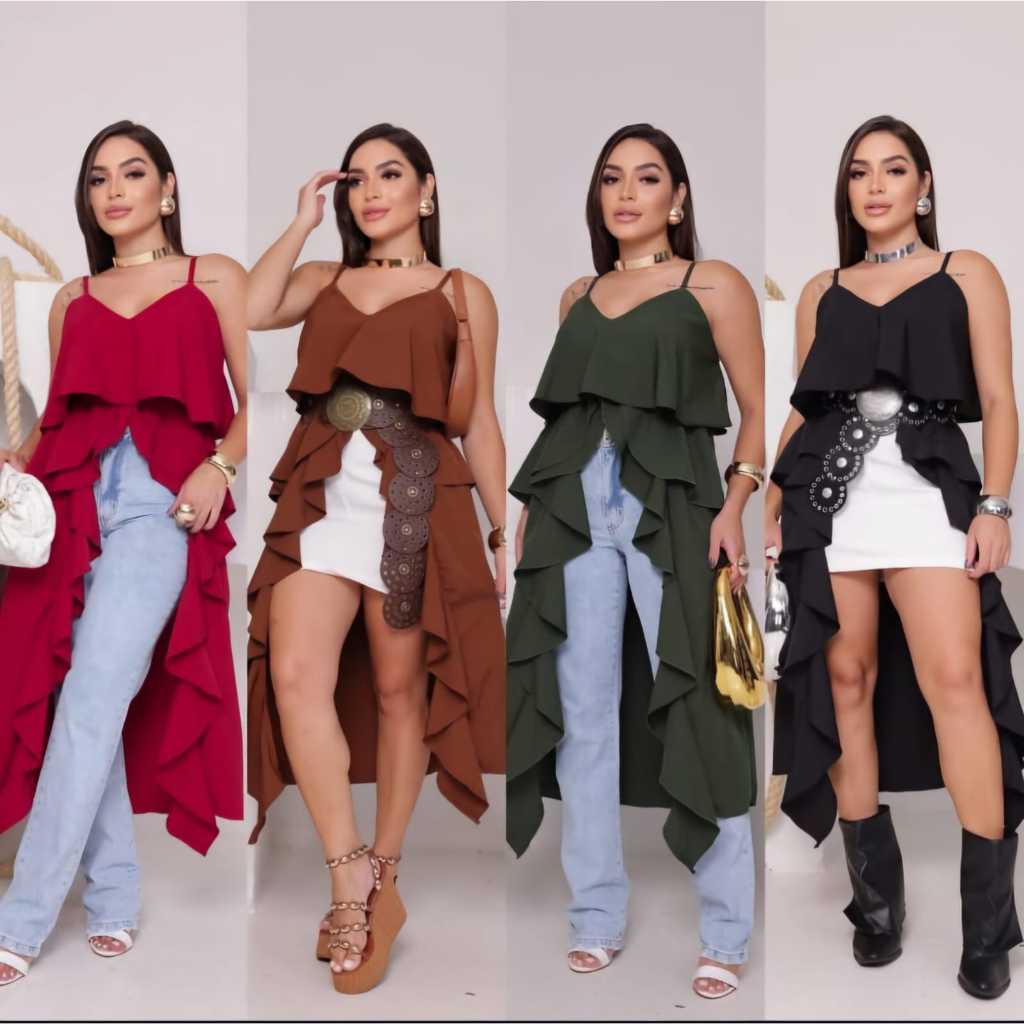 BATA TUNICA BOHO CHIC CREPE SEDA ELEGANCIA COM BABADO