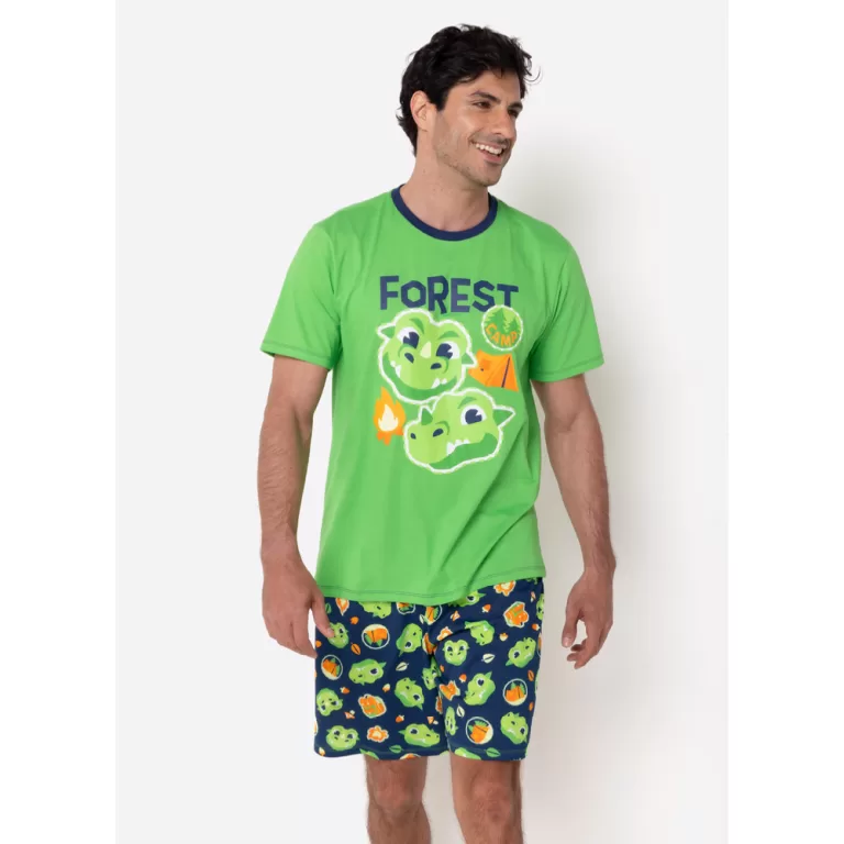 Pijama Manga Curta Algodão Masculino Dragão Camp