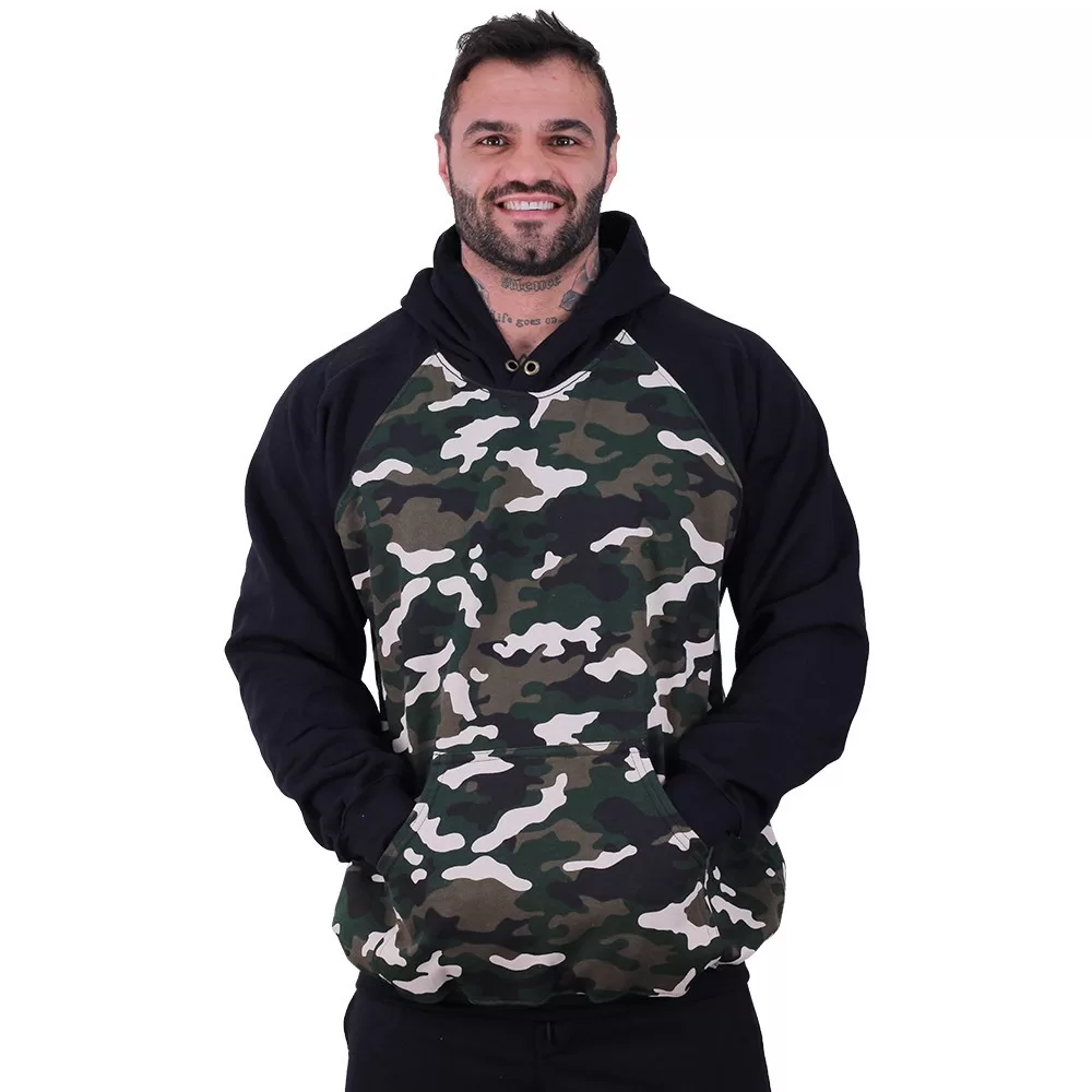 Blusa Moletom Masculino MXD Conceito Com Touca Preto Camuflado Militar